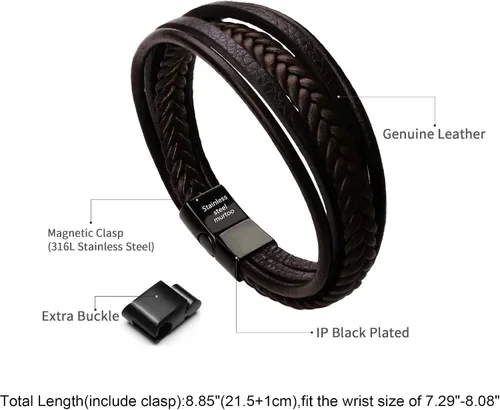 Vista 2 de murtoo Pulsera de cuero para hombre con cierre de cuero de vaca multicapa trenzada para hombre, Acero inoxidable Cuero