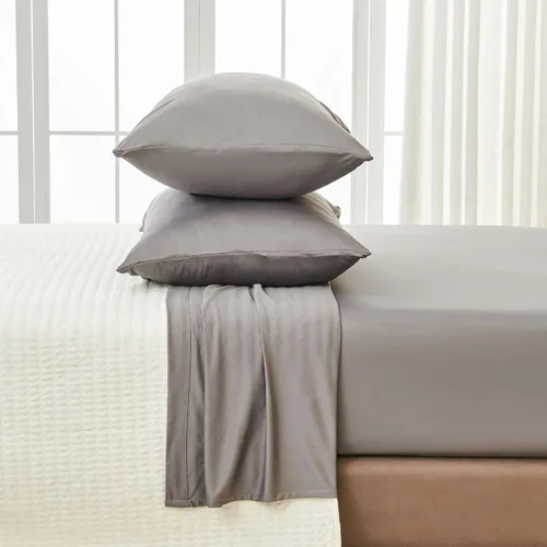 Vista 3 de Juego de sábanas tamaño matrimonial de lujo con 2 fundas de almohada, tela ultrasuave, refrescante y transpirable, sábanas grises, juego de 4 piezas