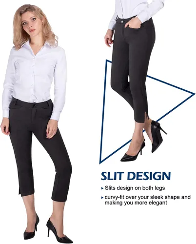 Vista 4 de PUWEER Pantalones capri para mujer, elegantes, casuales, elásticos, rectos con bolsillos