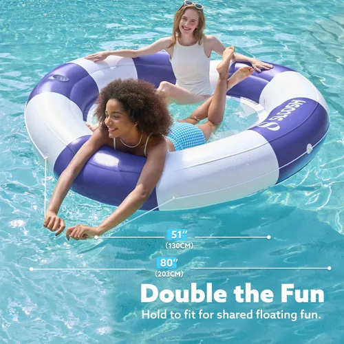 Vista 4 de SLOOSH Flotador inflable para piscina con malla, flotadores de piscina de 80 x 80 pulgadas, doble anillo redondo para adultos, balsa flotante