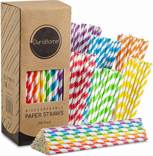 Vista 10 de DuraHome - Paquete de 200 pajitas de papel biodegradables con diseño de rayas doradas y rosas de 8.25 pulgadas para uso diario, fiesta de Dorado
