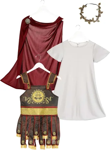 Vista 5 de Roman Warrior Costume for Kids, Boy's Gold Adorned Brown Tunic with Red Cape and Leaf Circlet