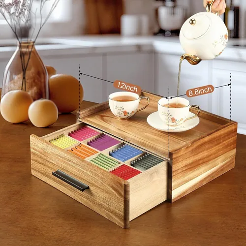 Vista 5 de Organizador de bolsas de té de madera de acacia con cajón, caja