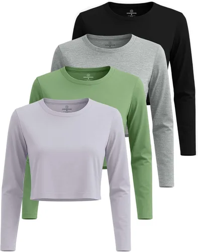 Vista 12 de Real Essentials 4 Pack: Camiseta de manga larga y cuello redondo para mujer, de algodón, recortada - Camiseta casual corta