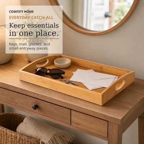 Vista 7 de Comfify Bandejas de bambú para servir, juego de 3 bandejas otomanas para alimentos, entretenimiento y decoración, diseño minimalista Natural