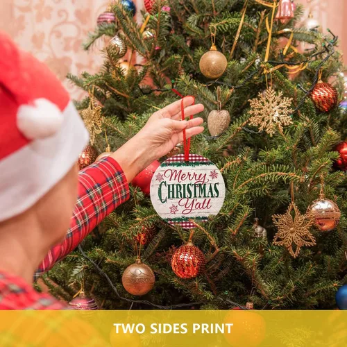 Vista 4 de Adorno de Navidad de cerámica para colgar en el árbol de Navidad, adorno redondo de Navidad con cinta, bola de Navidad como regalo para padres