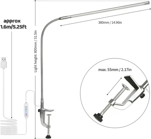 Vista 6 de Lámpara de escritorio con abrazadera, 3 modos, 10 brillo, rotación de 360°, luz de lectura para cuidado de los ojos, cuello de cisne flexible de 8 W