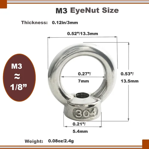 Vista 6 de 10 Paquetes Tuercas de Ojo de Elevación de Acero Inoxidable M3 Rosca Anillo de Hombro EyeNuts