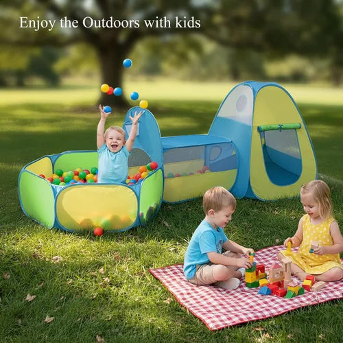Vista 5 de Tienda de campaña 3 en 1 para niños con túnel y foso de pelotas, casa de juegos emergente para interiores/exteriores para niños y niñas, juguete