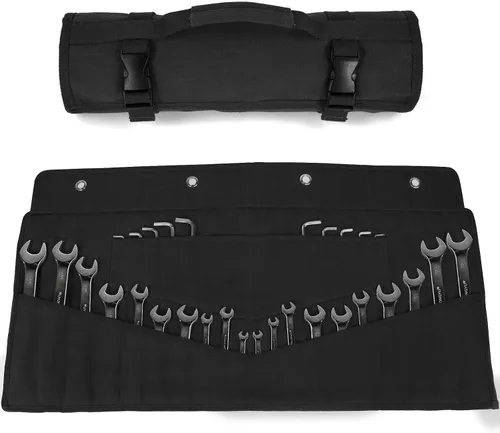 Vista 10 de Rollo de llaves de 30 bolsillos, resistente de 16 onzas. Bolsa organizadora de llaves de lona encerada para llaves métricas y SAE, bolsa de llaves