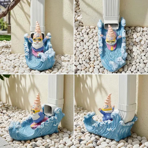 Vista 2 de Divertida escultura de gnomo desviador de canalón, desviador extensor de canalón de resina ecológica, extensión de canalón Koi Decor Downspout