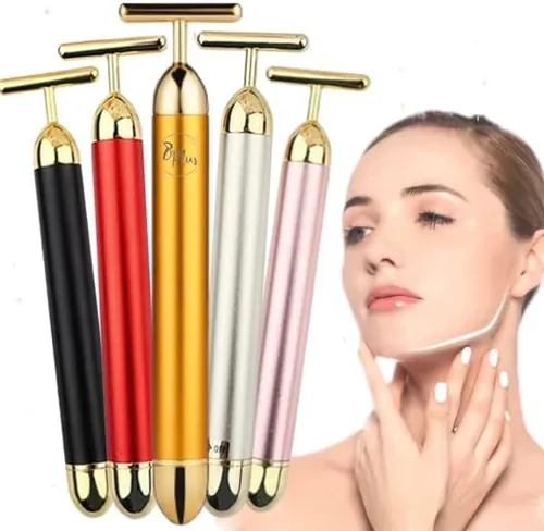 Vista 10 de Beauty Bar - Rodillo masajeador facial de energía de pulso dorado de 24 quilates, herramienta de masajeador facial eléctrico en forma de T