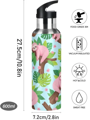 Vista 9 de Insulated Water Bottle 32 Oz, Leakproof Water Bottles for Gym Outdoor Travel School, Cute Pink Sloths Green Leaves