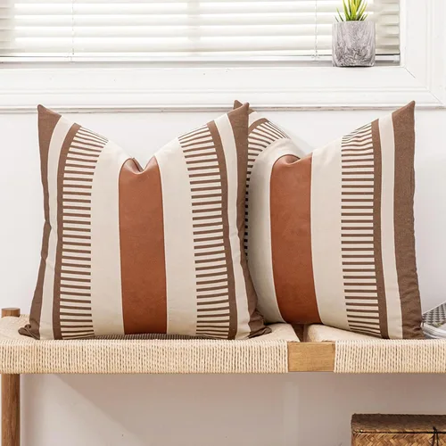 Vista 29 de Juego de 2 fundas de almohada bohemias a rayas de 16 x 16 pulgadas, fundas de almohada de cuero modernas para sofá, cama, decoración de granja