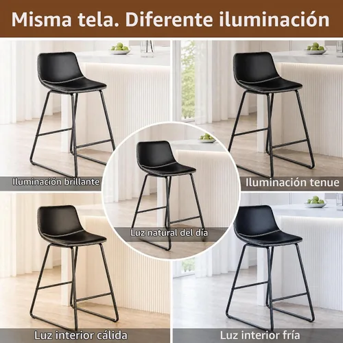 Vista 8 de HeuGah Juego de 2 taburetes de bar de piel sintética, sillas de comedor con patas de metal y respaldo suave, fáciles de montar Negro