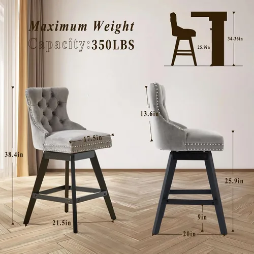 Vista 275 de SoarFlash Juego de 2 taburetes de bar tapizados de terciopelo moderno con patas de madera, botones acolchados, cabeza de clavo cromada, asiento