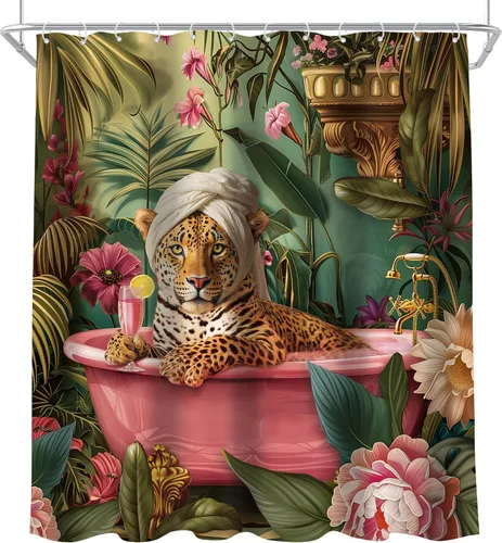 Vista 7 de Juego de cortina de ducha de baño con diseño de leopardo y guepardo rosa A-01pink leopardo verde