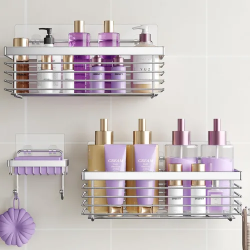 Vista 8 de ODesign Organizador de ducha de acero inoxidable SUS304, 3 unidades, sin taladrar, estante de baño, montado en la pared, organizador adhesivo