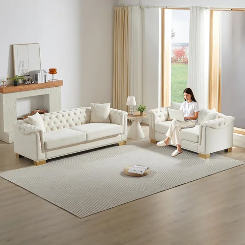 Vista 15 de Chesterfield - Juego de 2 sofás combinados de terciopelo de 3 plazas, 4 cojines clásicos de 6.5 pulgadas, brazo enrollado moderno adecuado para sala