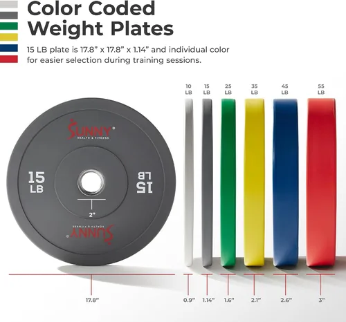 Vista 2 de Sunny Health & Fitness Elite 2-Inch Rubber Olympic Bumper Weight Plate 10-55 LB with Steel Hub for Home Gym, Squat Rack, Strength Training, Barbell