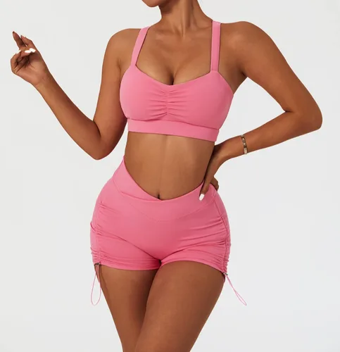 Vista 5 de ABOCIW Conjuntos de entrenamiento para mujer, 2 piezas, pantalones cortos de cintura alta cruzada y brasieres deportivos, trajes de yoga
