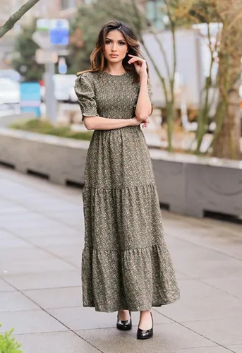 Vista 115 de BTFBM Vestidos para mujer, cuello redondo, casual, de verano, con volantes, manga corta, bohemio, con niveles, fruncido, largo, con estampado floral