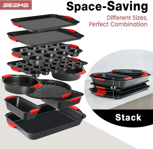 Vista 6 de BIEAMA - Juego de sartenes antiadherentes para hornear de 13 piezas Bandeja apilable de acero al carbono sin BPA, bandeja para galletas, pasteles
