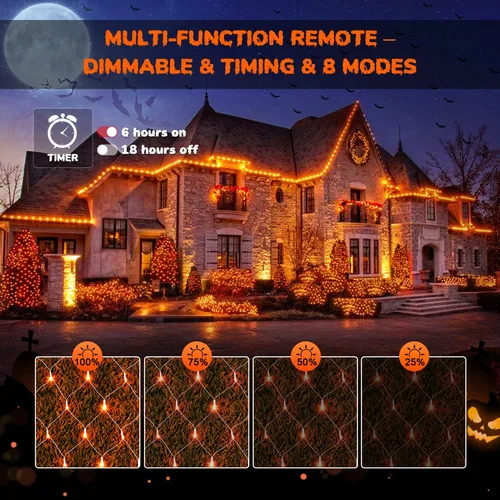 Vista 9 de JMEXSUSS Guirnalda de luces LED naranja de Halloween y luces de red para exteriores, cable transparente, 8 modos, impermeable, guirnalda de luces