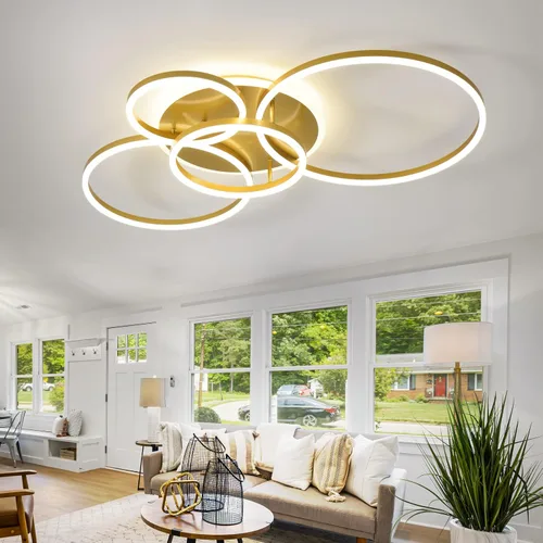 Vista 8 de Lámpara de techo LED moderna de 90W regulable con control remoto, 5 anillos, lámpara de techo empotrada, candelabro acrílico negro LED para sala