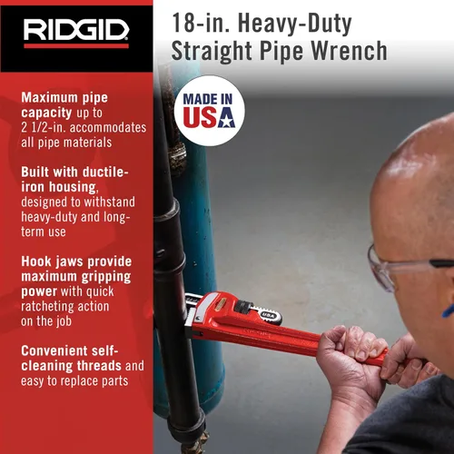 Vista 3 de RIDGID 31025 Llave de tubo recta modelo 18 resistente, llave de fontanería de 18 pulgadas