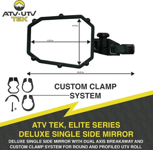 Vista 2 de ATV TEK, UTVMIR-ES1, Elite UTV Deluxe Espejo de un solo lado con doble eje Breakaway - Tubo redondo y jaulas perfiladas