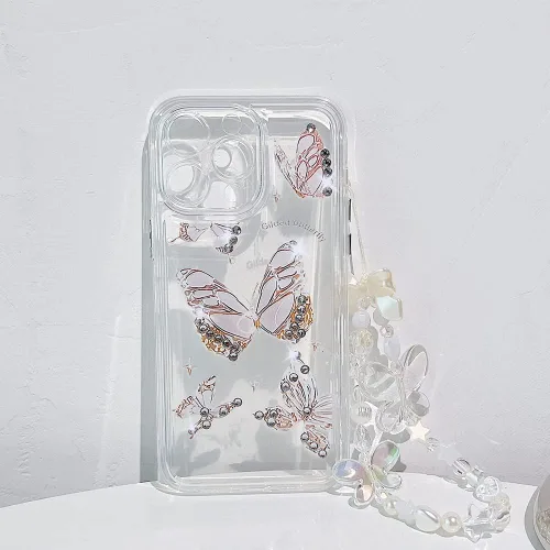 Vista 3 de Casechics Compatible con funda para iPhone, de lujo, transparente, con bonito diseño de mariposa, correa para pulsera, cadena, transparente, suave
