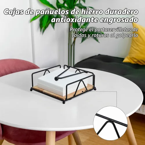 Vista 5 de Servilletero cuadrado – Dispensador de servilletas de mesa duradero con brazo pesado, almacenamiento de servilletas de metal con base de madera