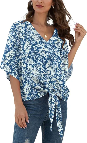 Vista 14 de VIISHOW Womens Tie Front Chiffon Blouses V Neck Batwing Short Sleeve Summer Tops Shirts Albaricoque