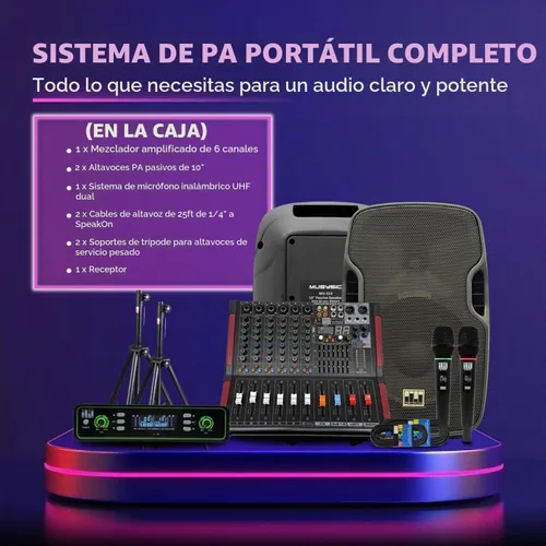 Vista 2 de Sistema PA completo, profesional, de 2000 watts, con mezclador 6 Ch, parlantes de 10 in y soporte para micrófonos inalámbricos dobles