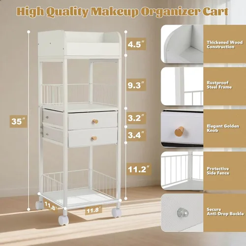 Vista 2 de Organizador de maquillaje, carrito de almacenamiento, organizador de cuidado de la piel con 2 cajones, organizador de maquillaje para cosméticos