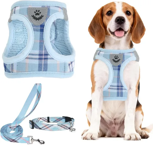 Vista 15 de PUPTECK - Arnés, collar y correa ajustables, sin tirones, para perros pequeños y medianos, cachorros y gatos, pechera reflectante acolchada de malla