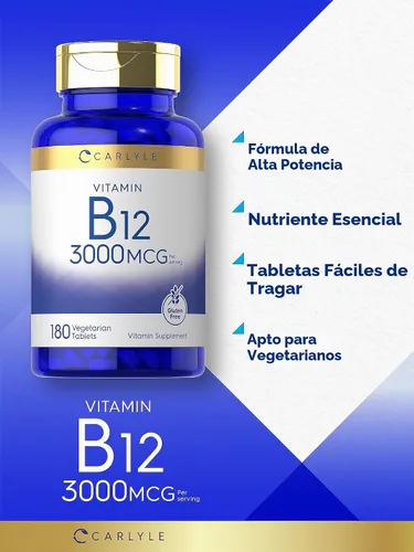 Vista 3 de Carlyle B12 Vitamina 3000 mcg 180 Tabletas Suplemento Vegetariano