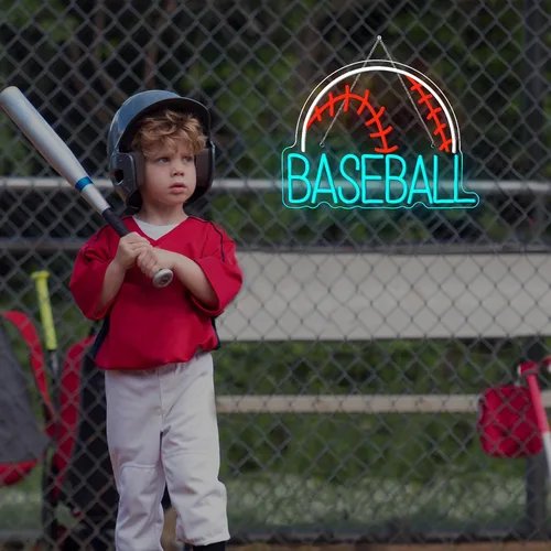 Vista 2 de Letrero de neón de béisbol, luz deportiva LED alimentada por USB, letrero azul usado para gimnasio, luz de béisbol para decoración de arte de pared
