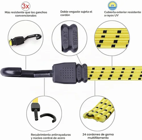 Vista 2 de Cartman Ultra 48" negro/amarillo cuerda plana de bungee, 4pk x 48" Rubber Straps Extend from 4 to 10 ft, Spread Pressure Across Cargo and Use