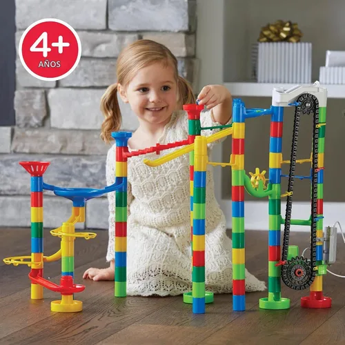 Vista 5 de MindWare Marble Run - Juego de construcción de 110 piezas con 82 piezas de pista, 15 canicas y elevador motorizado