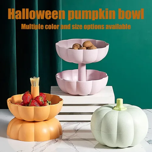 Vista 2 de Cuenco de dulces de calabaza de Halloween, cuenco creativo para dulces de calabaza para guardar dulces, nueces, frutas, cuenco grande de 2 capas