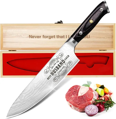 Vista 12 de Juego de 4 cuchillos de cocina profesional, juego de cuchillos de chef de acero inoxidable alemán de Damasco con caja de madera, cuchillo de chef