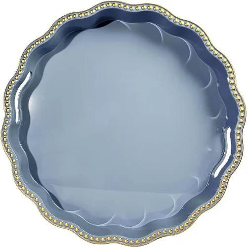 Vista 27 de Bandeja decorativa azul para mesa de café, bandeja de servir redonda de plástico con cuentas para encimera de cocina, otomana, sala de estar, (13")