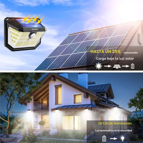 Vista 2 de TECKNET 231 luces LED solares de movimiento al aire libre impermeables, juego de 4 unidades con ángulo de 300° y 3 modos de iluminación, luces