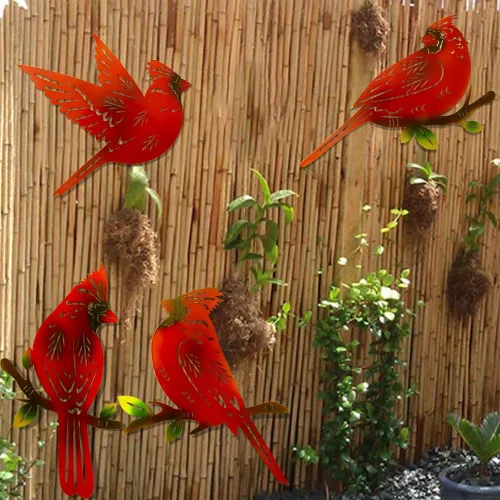 Vista 8 de Paquete de 4 piezas de arte de pared cardenal de metal, decoración de pájaros de metal 3D, adornos hechos a mano, pájaro rojo ágil, regalos