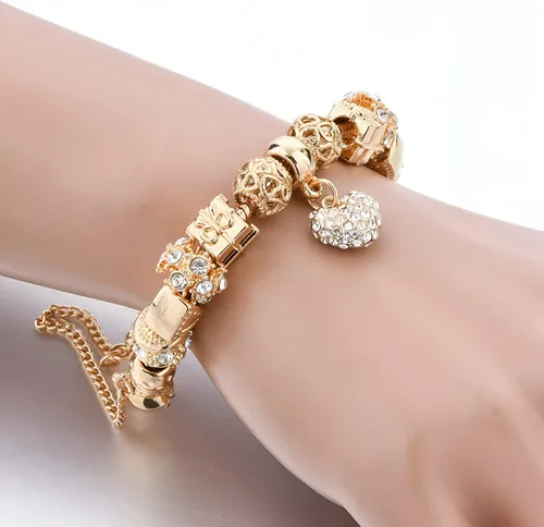 Vista 5 de Pulsera clásica con diamantes de amor chapado en oro para mujer, Cobre, diamantes de imitación, cristal austriaco