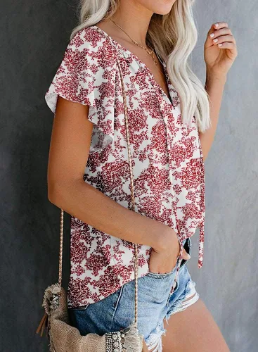 Vista 2 de SimpleFun Blusa de verano de manga corta con cuello en V floral para mujer