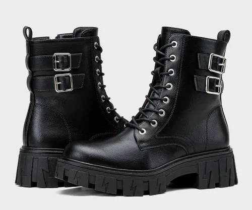 Vista 7 de Vepose Botas de combate para mujer, botines de plataforma con cordones y tacón grueso con cremallera
