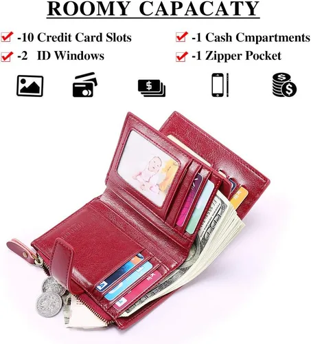 Vista 2 de FALAN MULE - Cartera de cuero auténtico para mujer, pequeña, plegable y compacta, con bloqueo de interferencia de radiofrecuencia (RFID)